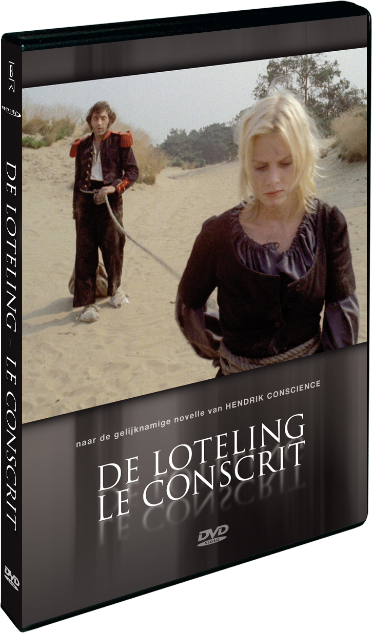 DVD-hoes. Een man en een vrouw staan op een strand. De filmtitel is 'De Loteling - Le Conscrit'.