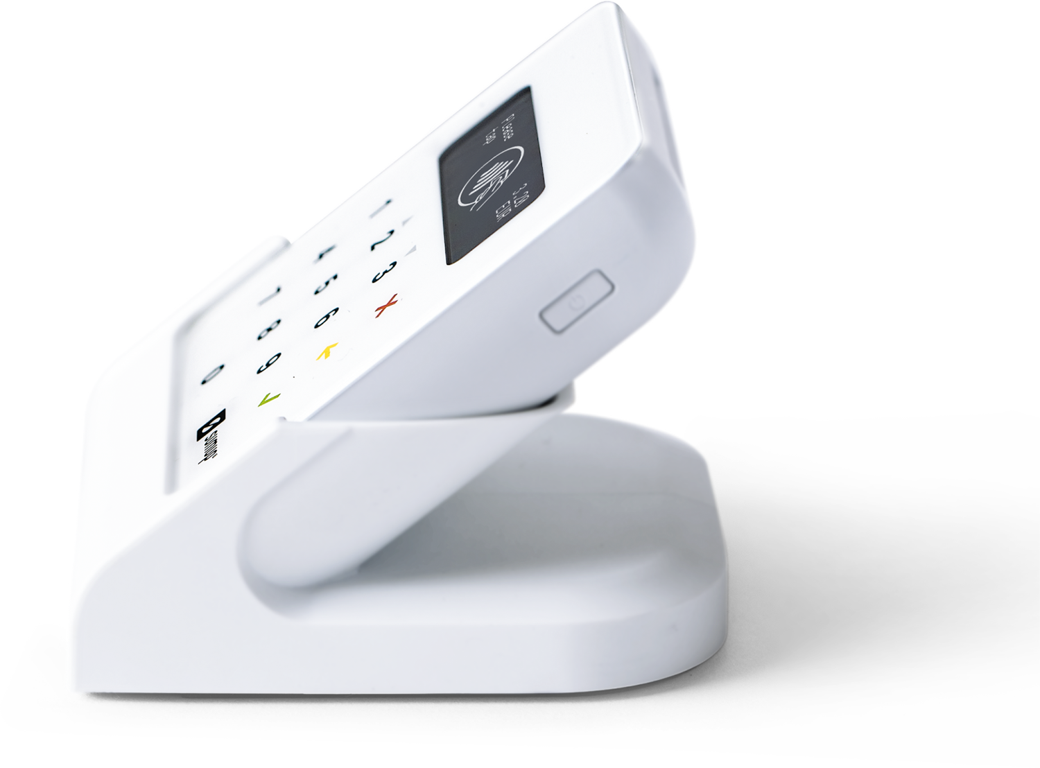 White payment terminal on a white stand, angled view.
