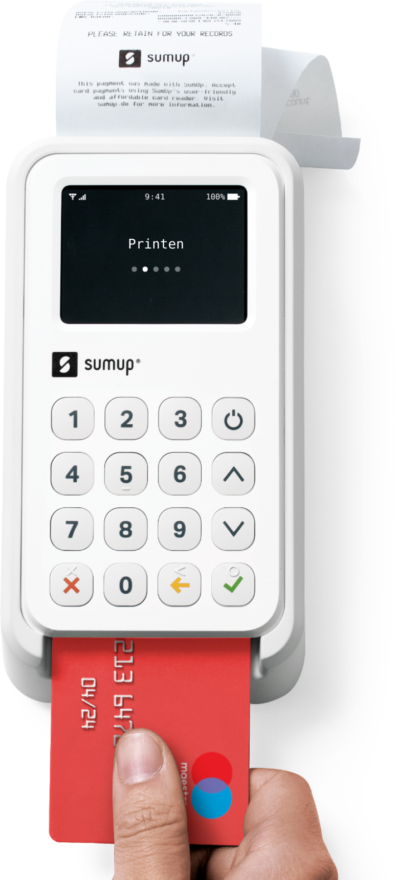 A white SumUp payment terminal with a red card being inserted and a receipt printing.
