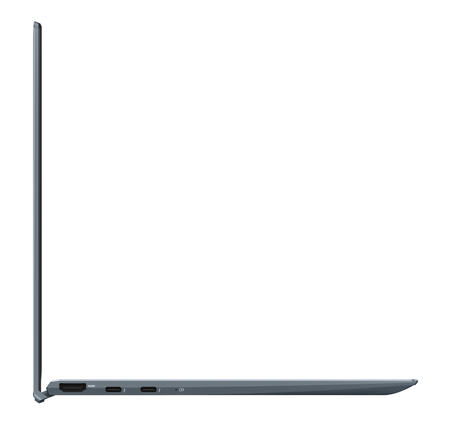 Vista lateral de una laptop gris. Muestra puertos y un diseño delgado.
