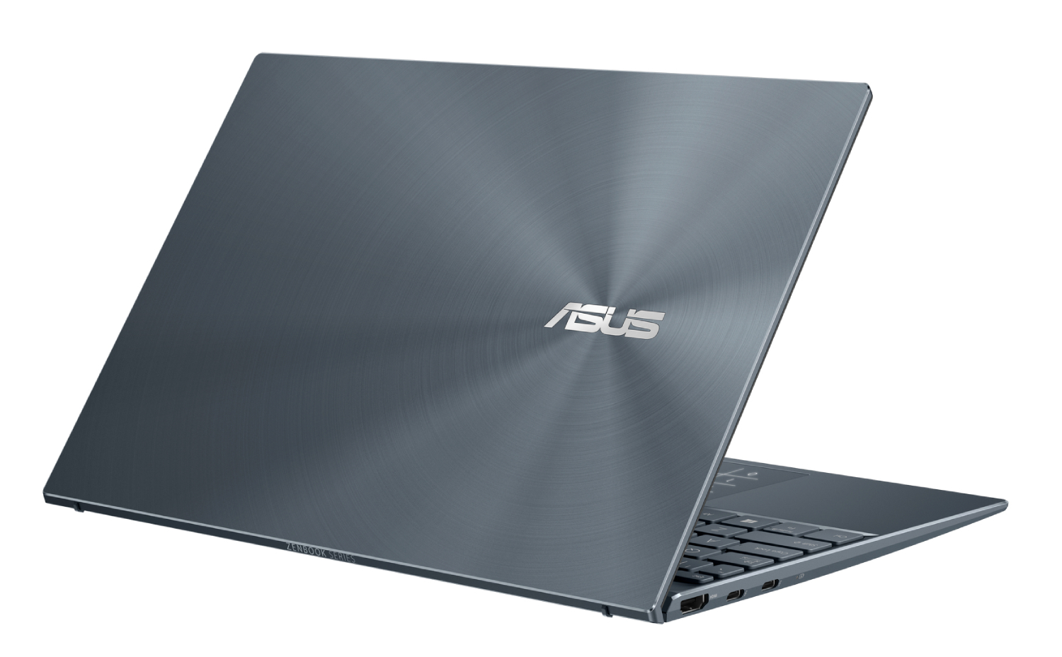 Parte trasera de un portátil azul-gris con el logo de ASUS, vista en ángulo.