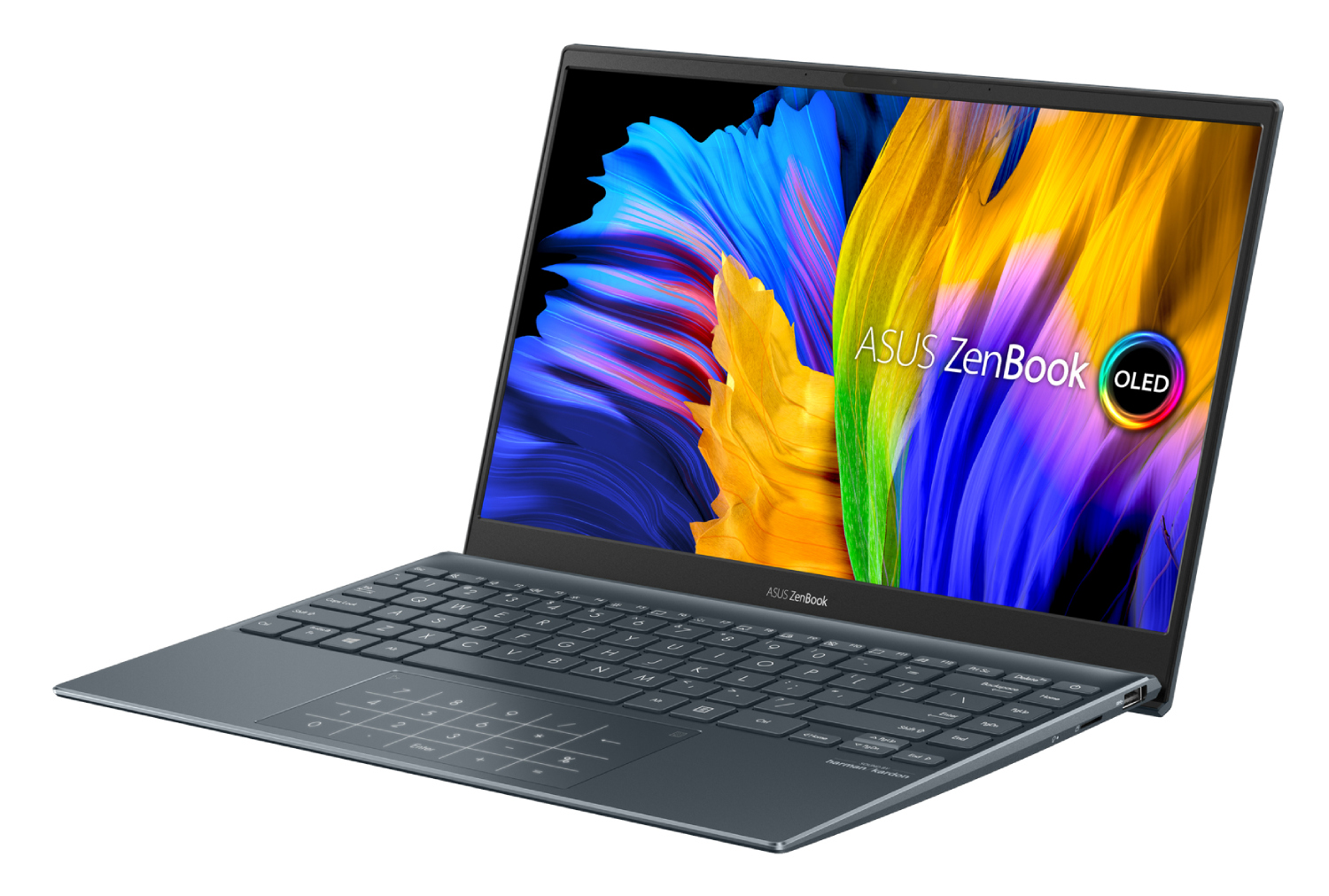 Portátil Asus Zenbook OLED abierto, mostrando la pantalla y el teclado sobre un fondo blanco.