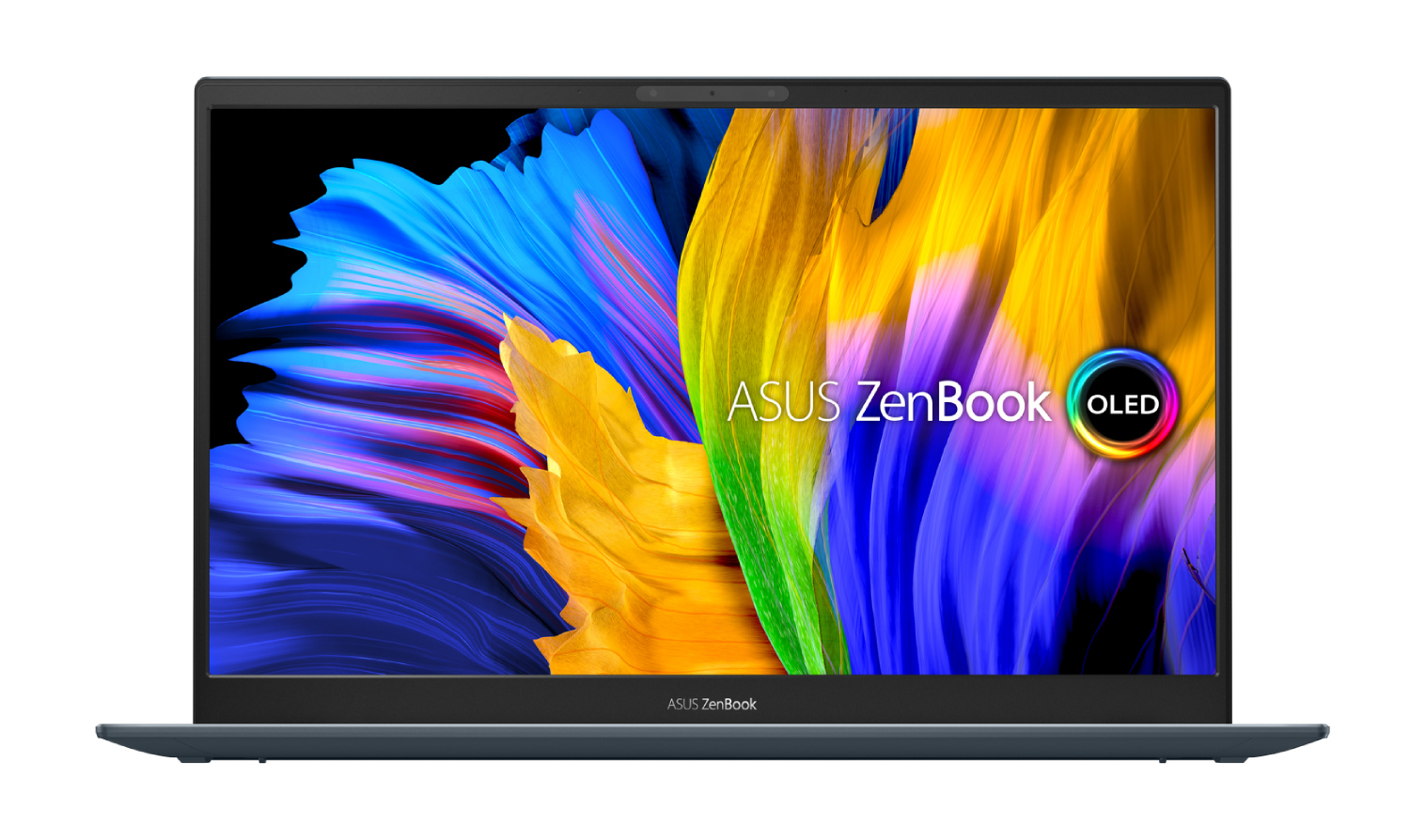 Portátil ASUS Zenbook OLED abierto con pantalla vibrante sobre fondo blanco.