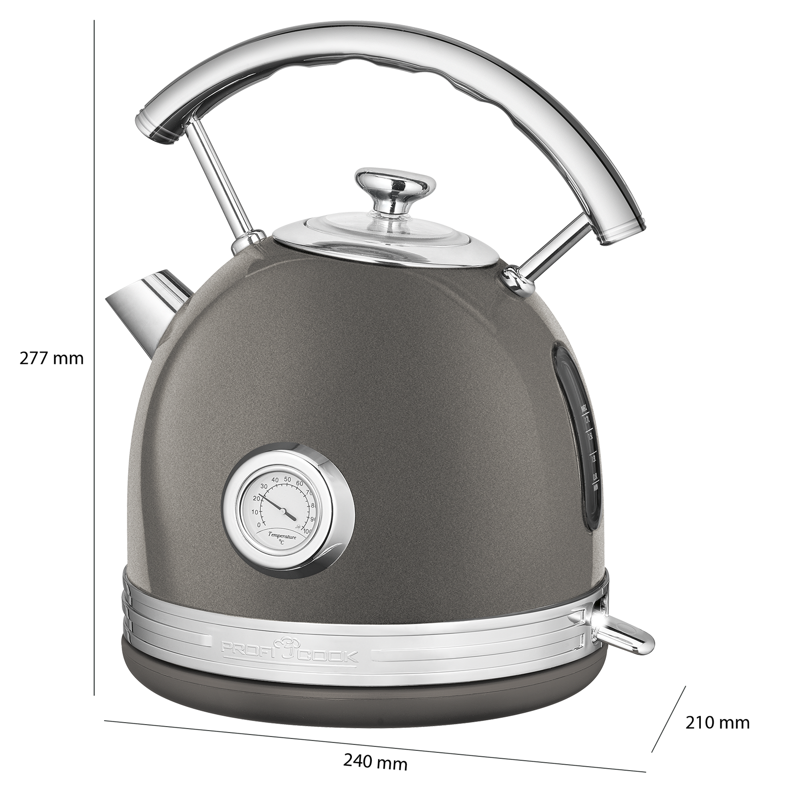 Ein grauer Wasserkocher mit Edelstahlbasis, Temperaturanzeige und gebogenem Griff.