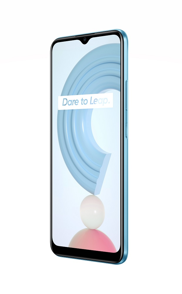 Ekranda 'Dare to Leap' yazan mavi akıllı telefon. Beyaz ve pembe soyut tasarım.