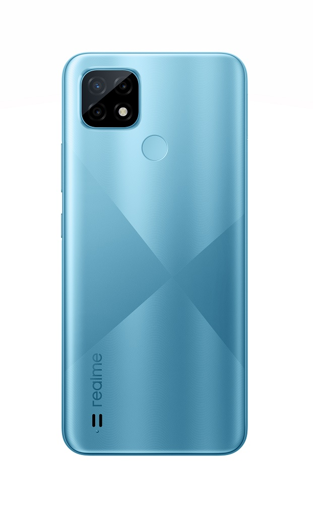 Beyaz arka plan üzerinde kamera dizisi ve logolu mavi akıllı telefon sırtı.