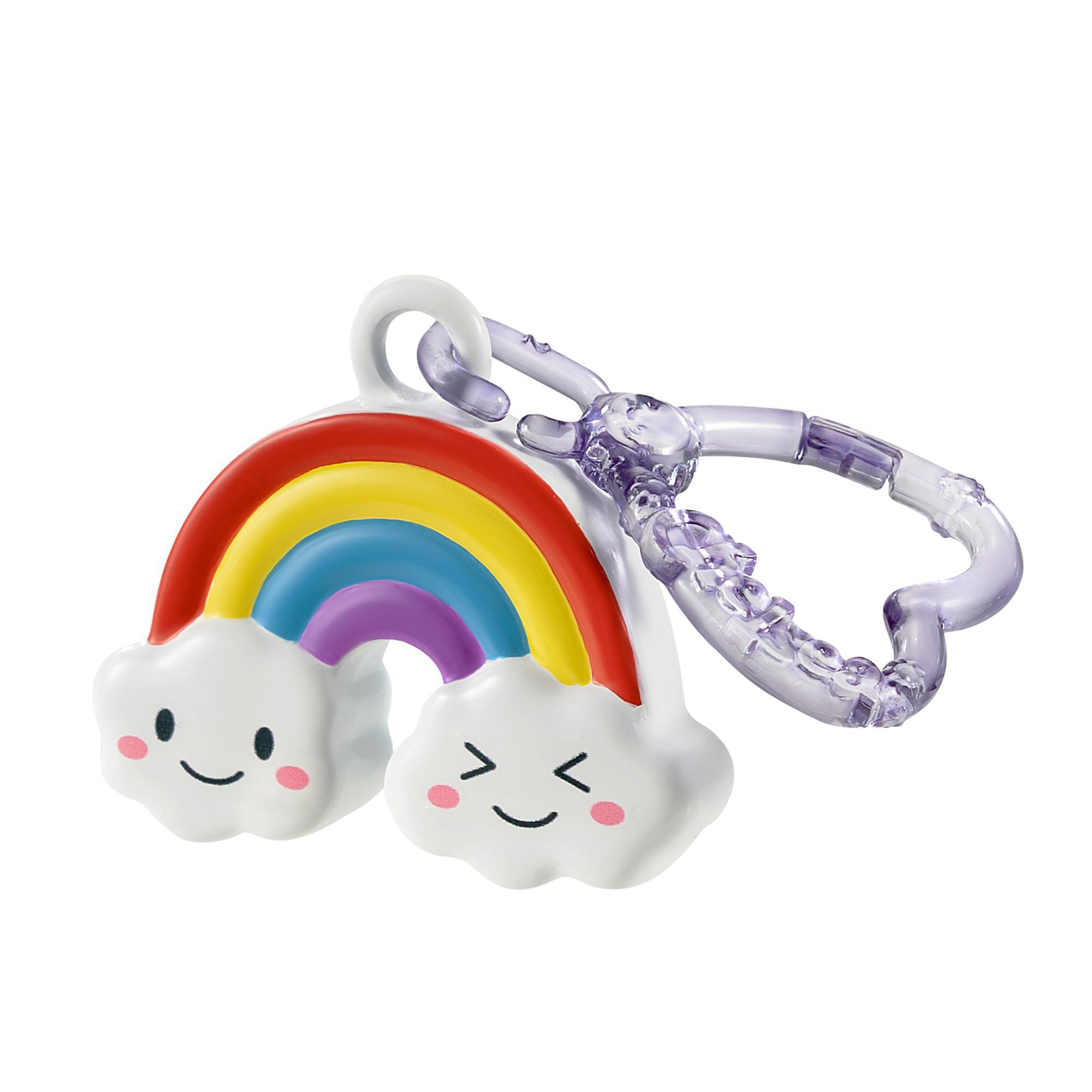 Regenbogenförmiges Babyspielzeug mit lächelnden Wolken und Clip.