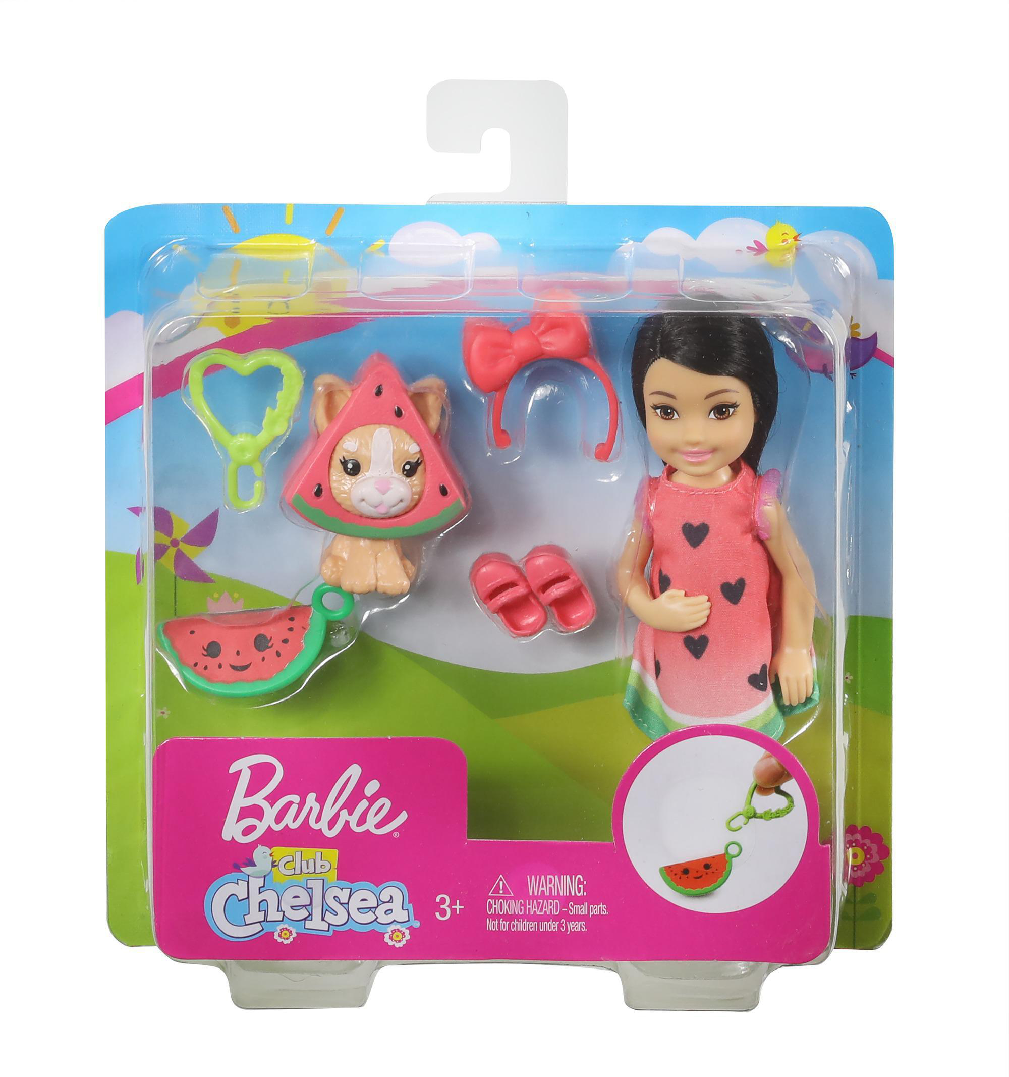 Barbie Chelsea Puppenspielset mit Puppe, Zubehör und Verpackung.