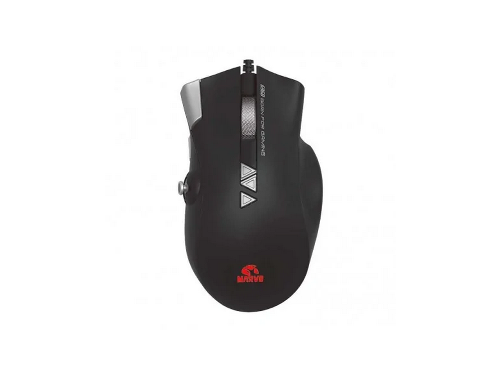 Ratón gaming negro con detalles plateados, tres botones y logotipo rojo.