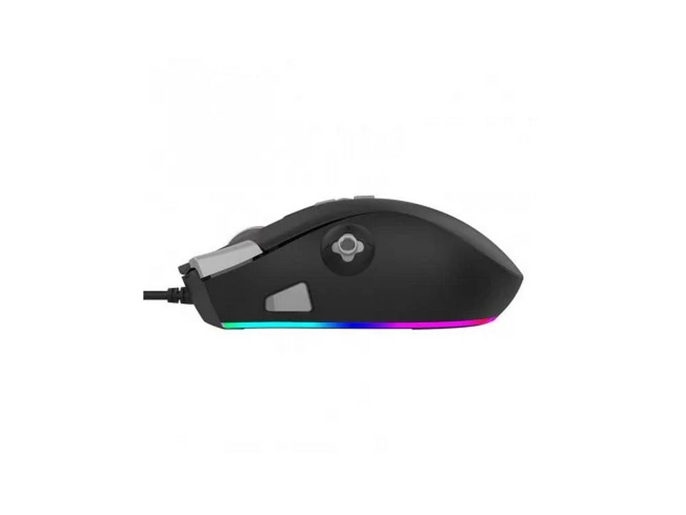 Un ratón para juegos negro con luces de colores en la parte inferior. Tiene botones y una rueda de desplazamiento.