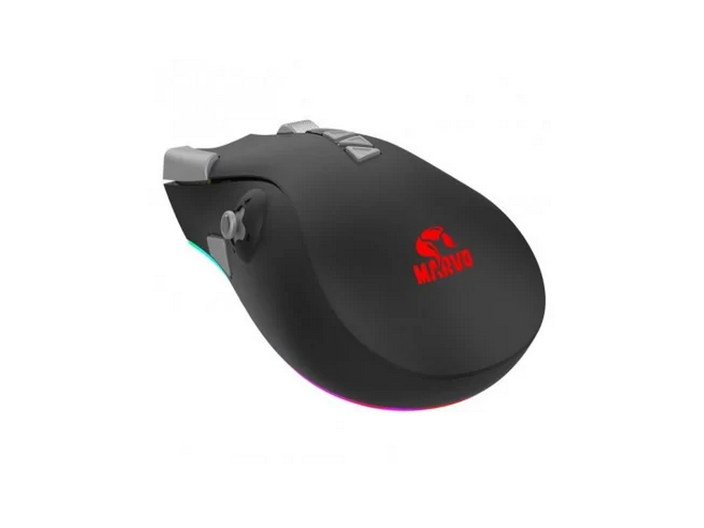 Ratón gaming negro con logo MARVO rojo y botones laterales sobre blanco.