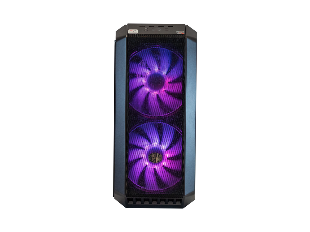 Una caja de computadora con dos ventiladores iluminados con luces moradas y azules.