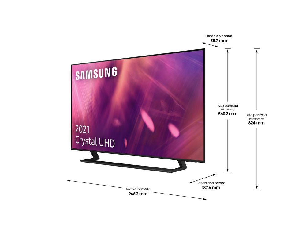 Televisor Samsung con pantalla morada, con medidas.