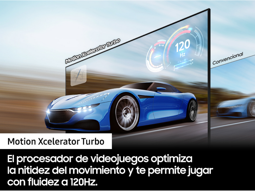 Coche azul corriendo en pantalla con las palabras 'Motion Xcelerator Turbo' y texto.