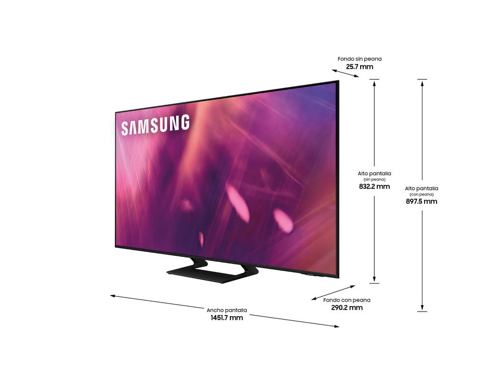 Un televisor Samsung. Muestra una pantalla con imagen morada, soporte negro. Se muestran dimensiones.