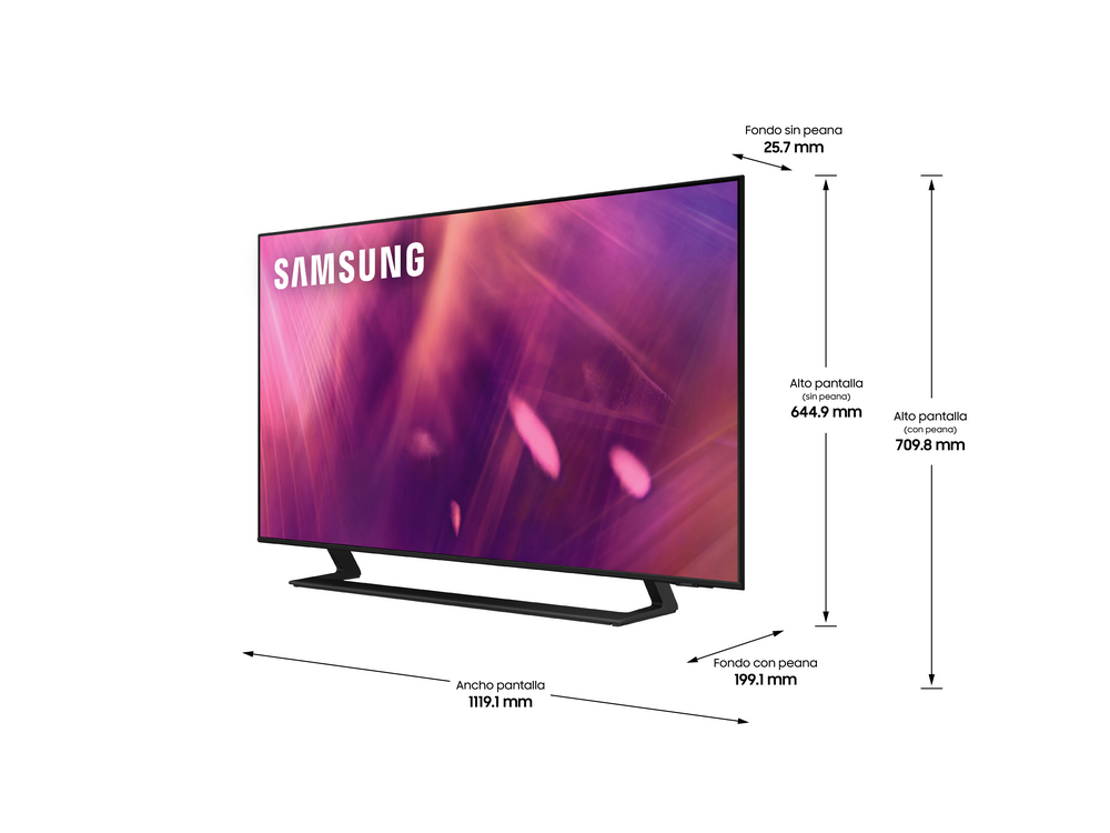 Un televisor Samsung, en ángulo, mostrando una imagen púrpura. Las dimensiones están etiquetadas en español.