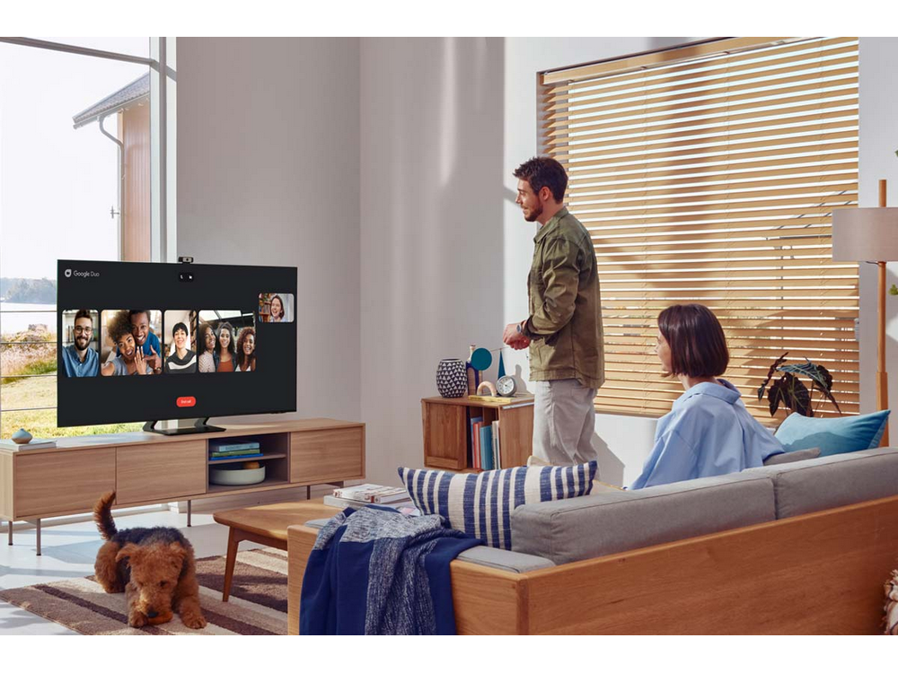 Personas en la pantalla de un televisor en una videollamada. Una pareja está mirando.