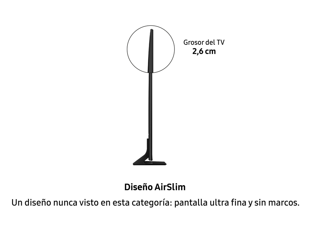 Perfil de TV, que muestra el diseño delgado con un grosor de 2,6 cm. Se menciona el diseño AirSlim.