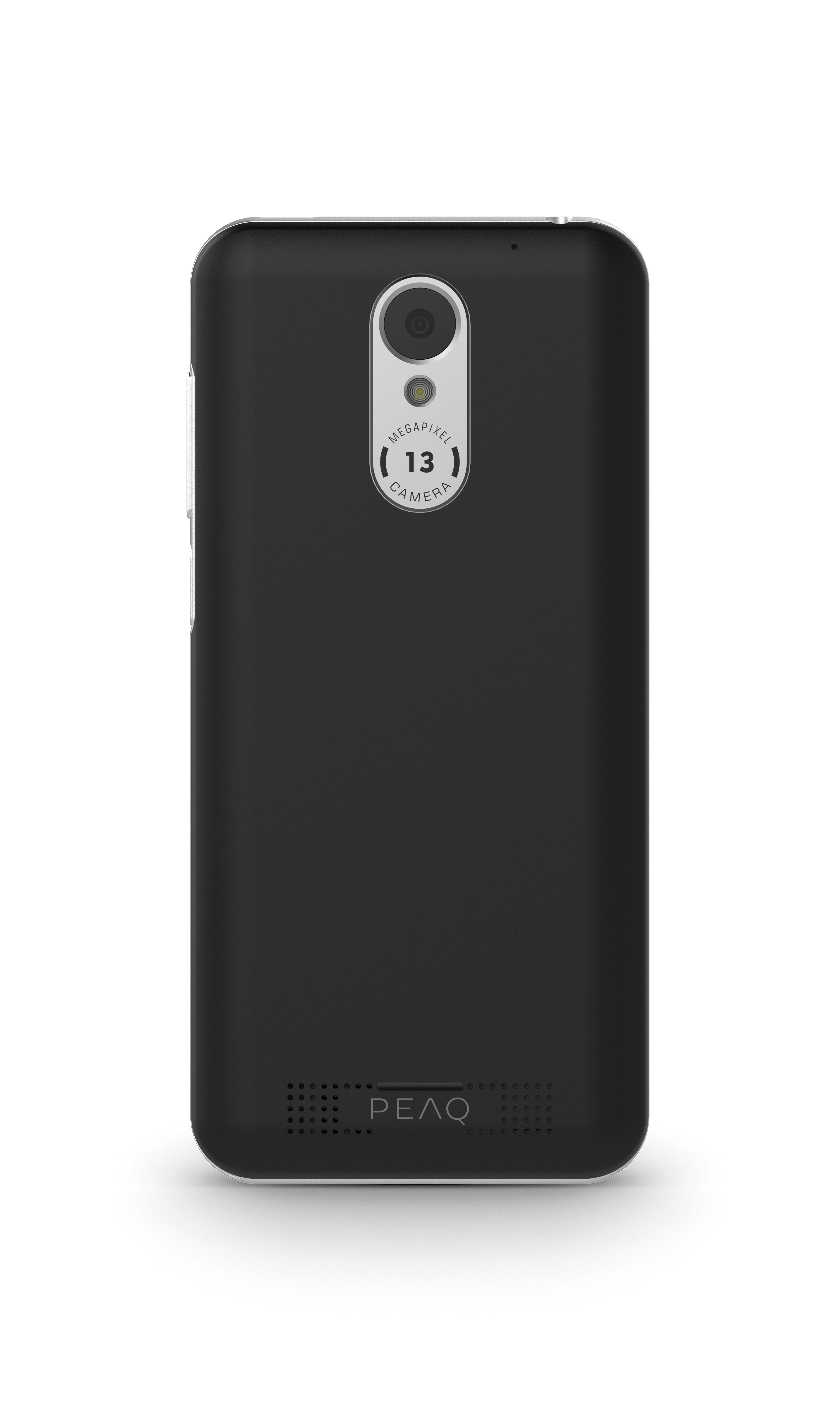 Rückseite eines schwarzen Smartphones mit Kamera und PEAQ-Schriftzug.