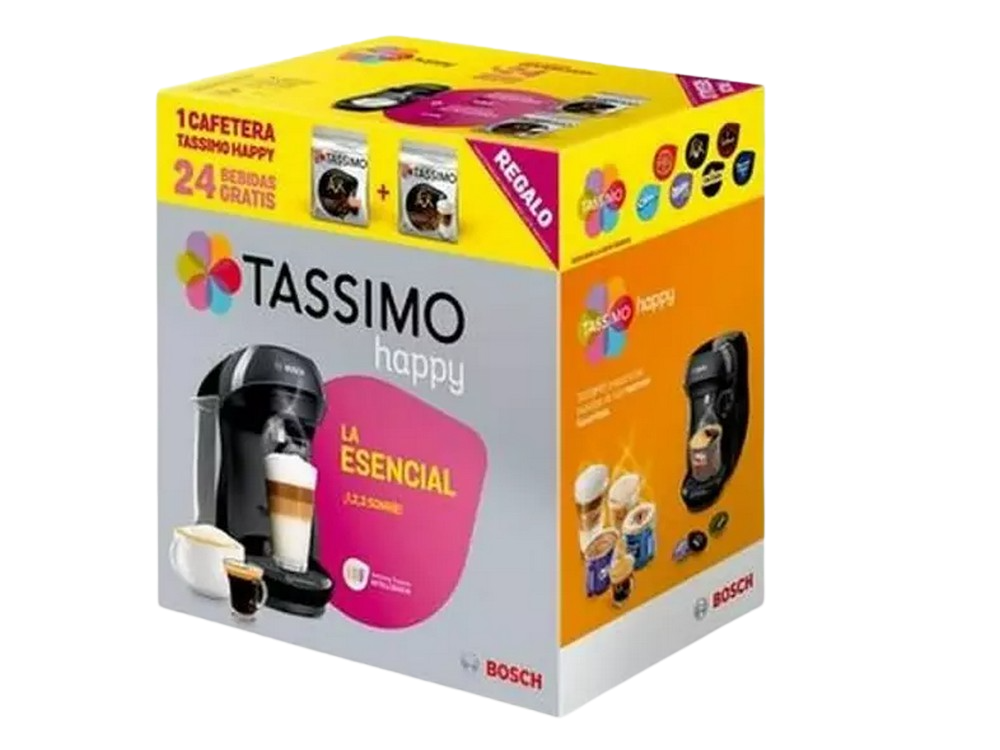 Caja de la cafetera Tassimo Happy. Muestra la máquina, tazas de café y una oferta de regalo.