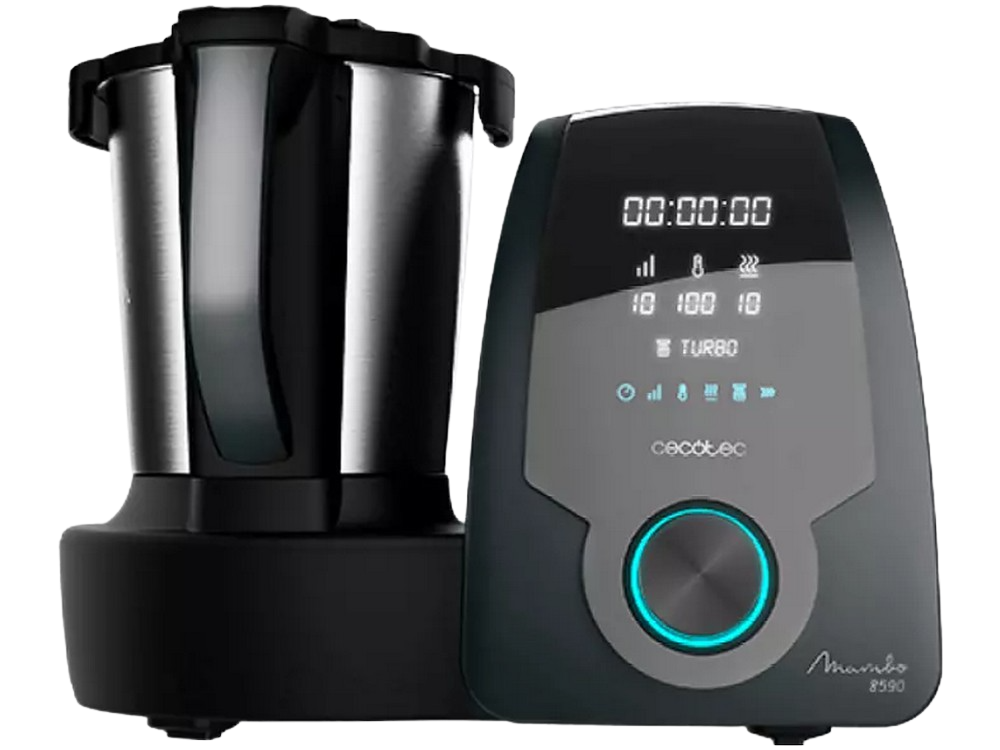 Un electrodoméstico de cocina negro y gris con pantalla digital. Tiene una función turbo.