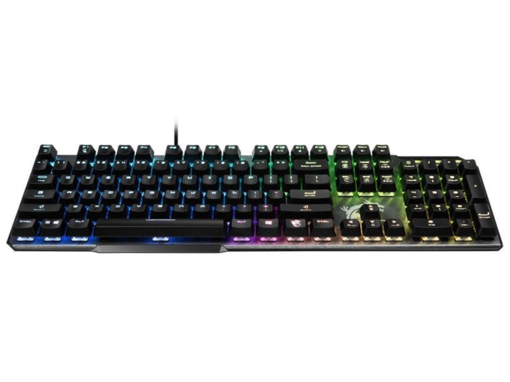 Teclado gaming negro con iluminación LED multicolor.
