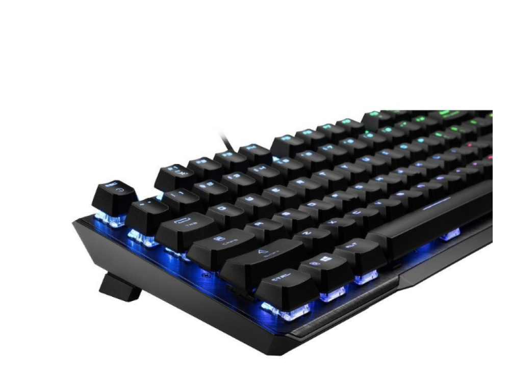 Teclado negro con luces azules debajo de las teclas. Fondo blanco.