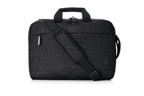 Eine schwarze Laptoptasche mit Griff, Schultergurt und Reißverschlusstasche auf weißem Hintergrund.