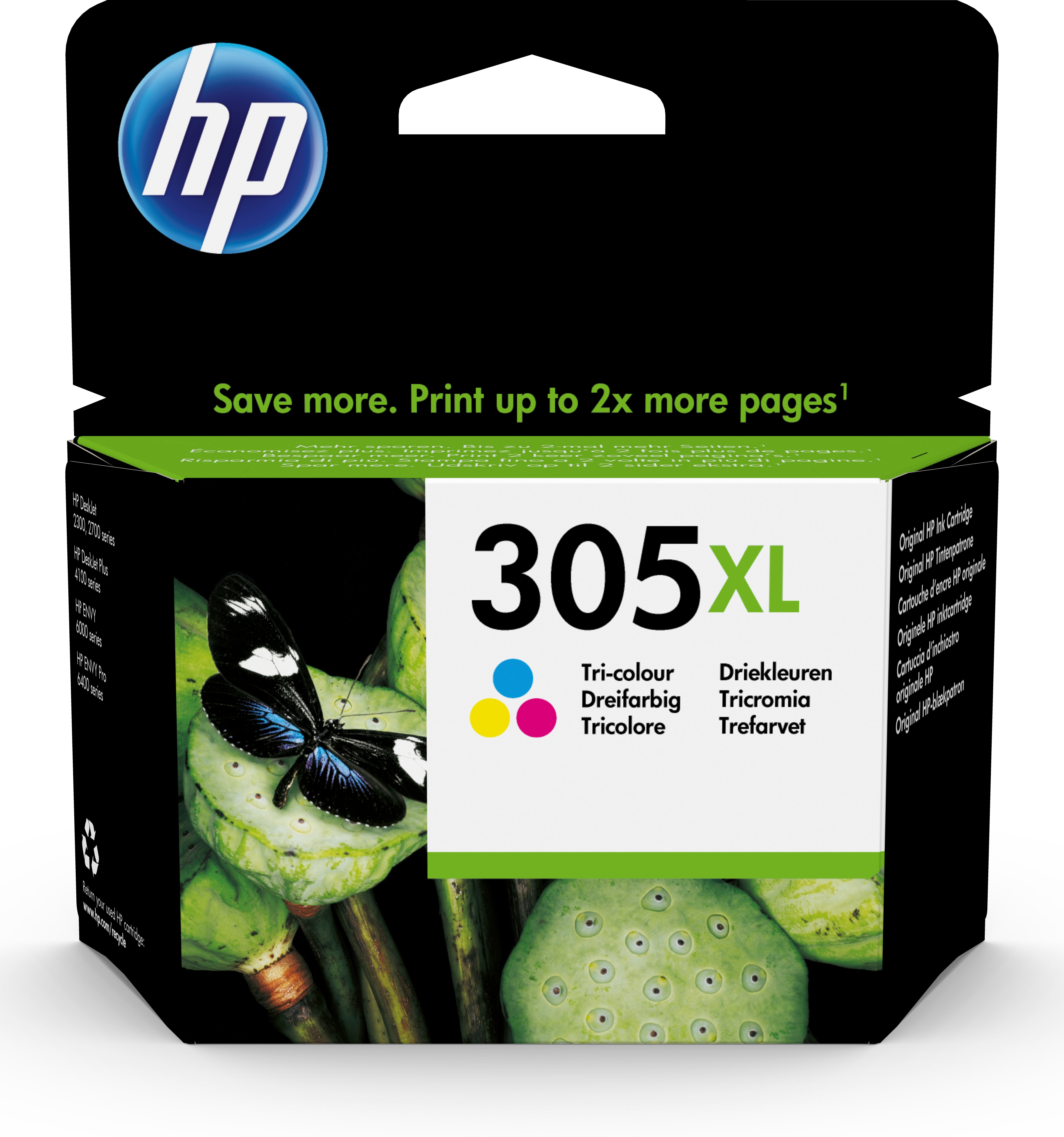 HP 305XL Tintenpatronenbox mit Schmetterling.