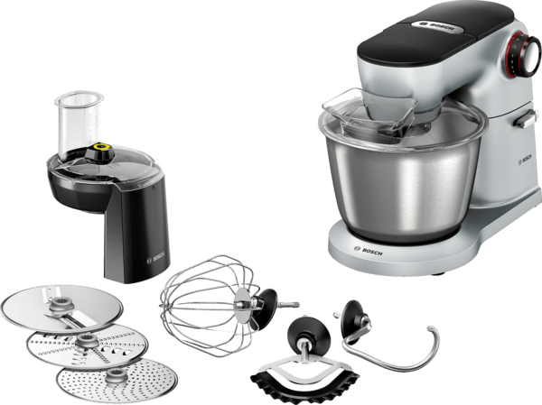 Eine Bosch Küchenmaschine mit Aufsätzen, einschließlich Foodprozessor und Mixer.