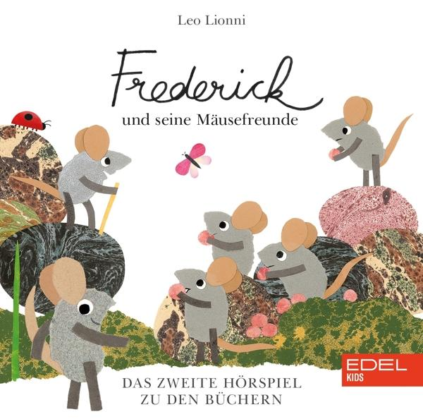 Illustration von Mäusen, einem Marienkäfer und einem Schmetterling. Text: Frederick und seine Mäusefreunde.