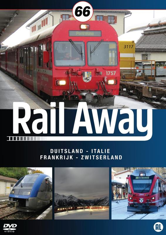 Couverture DVD pour Rail Away, avec un train rouge, des gares et de petites images de trains. Texte en plusieurs langues.