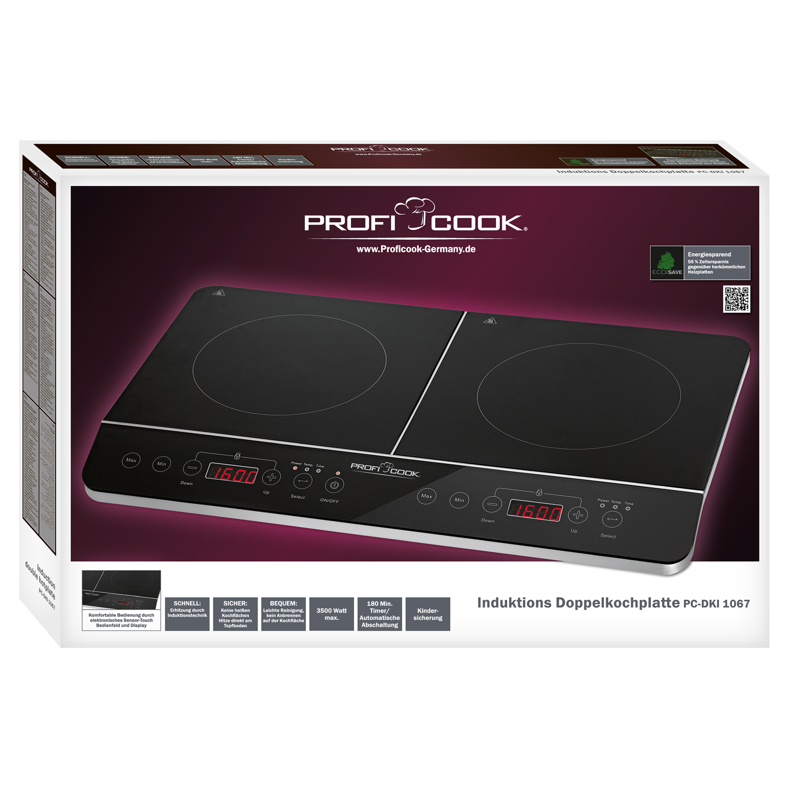 Ein Profi Cook Doppel-Induktionskochfeld in seiner Verpackung, mit Digitalanzeigen.