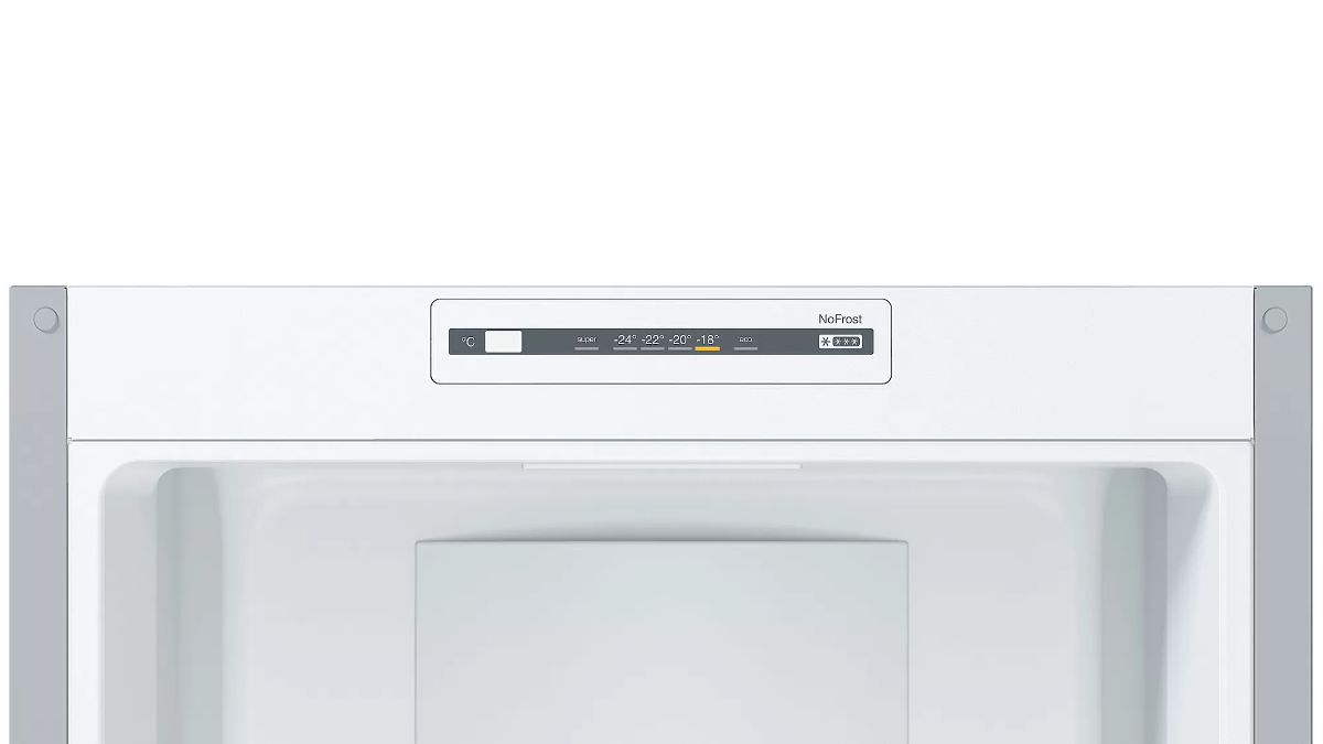 Binnenkant van de koelkast, bovendeel. Digitaal display met temperatuurinstellingen.