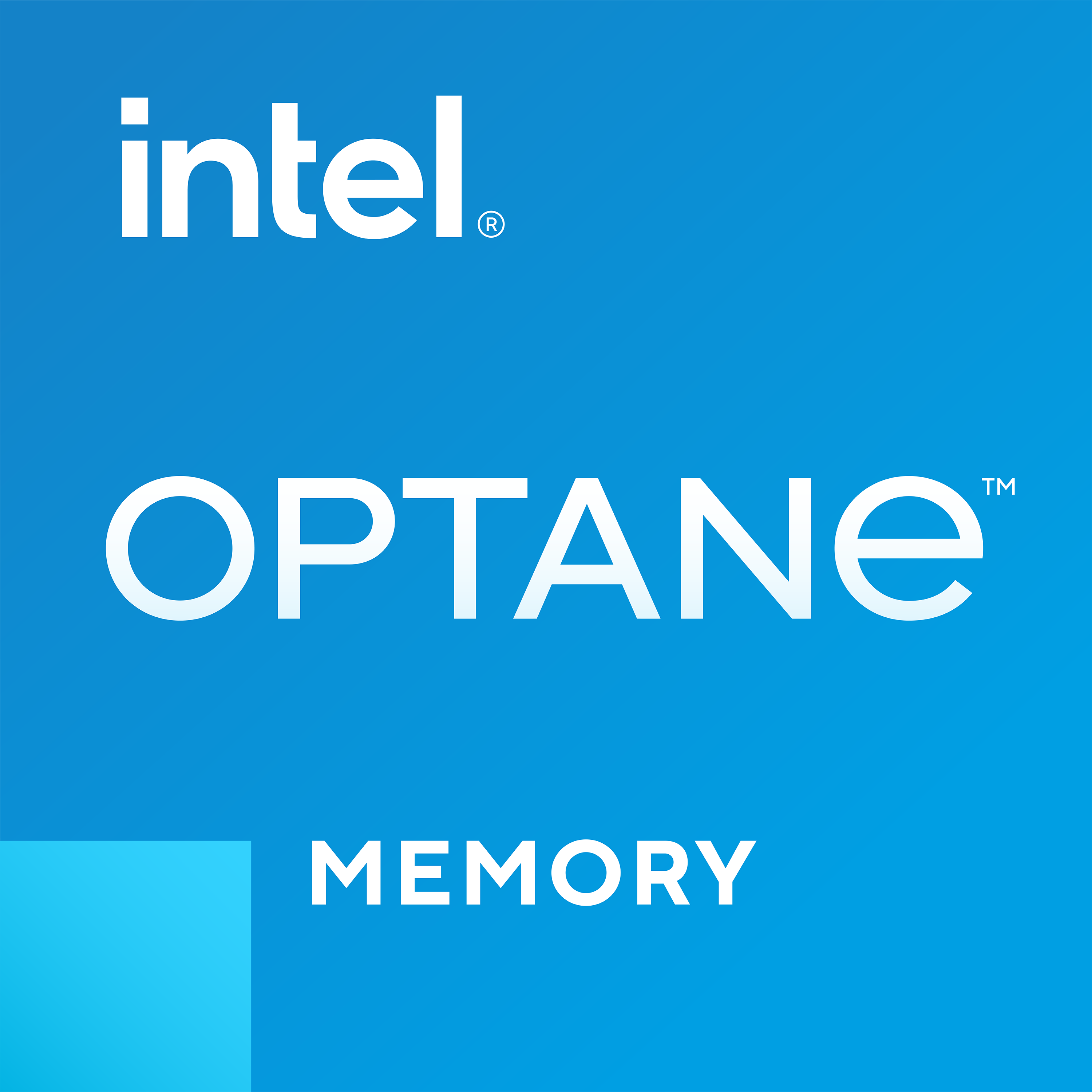 Intel Optane Memory Logo auf blauem Hintergrund. Weißer Text und blauer Farbverlauf.