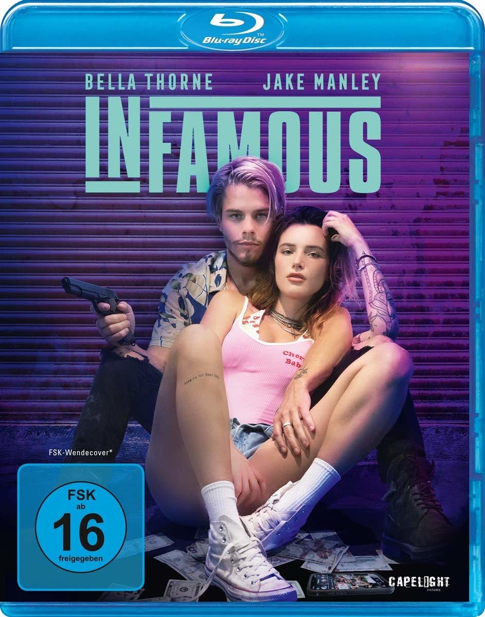Blu-ray-Disc-Cover. Ein Paar ist abgebildet, ein Mann hält eine Waffe. Der Titel lautet "Infamous".