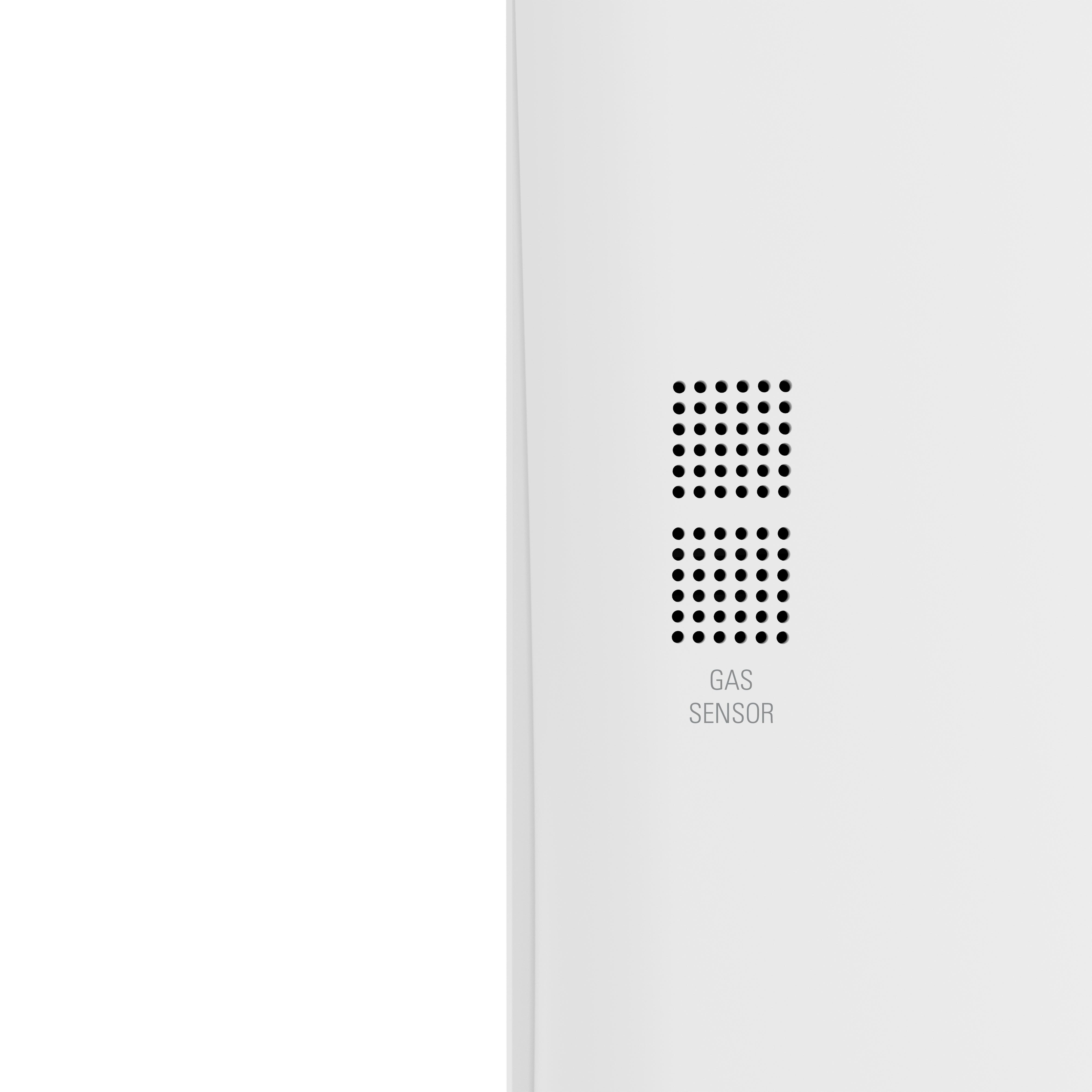 Weißes Gerät mit schwarzen Punkten, beschriftet mit "GAS SENSOR".