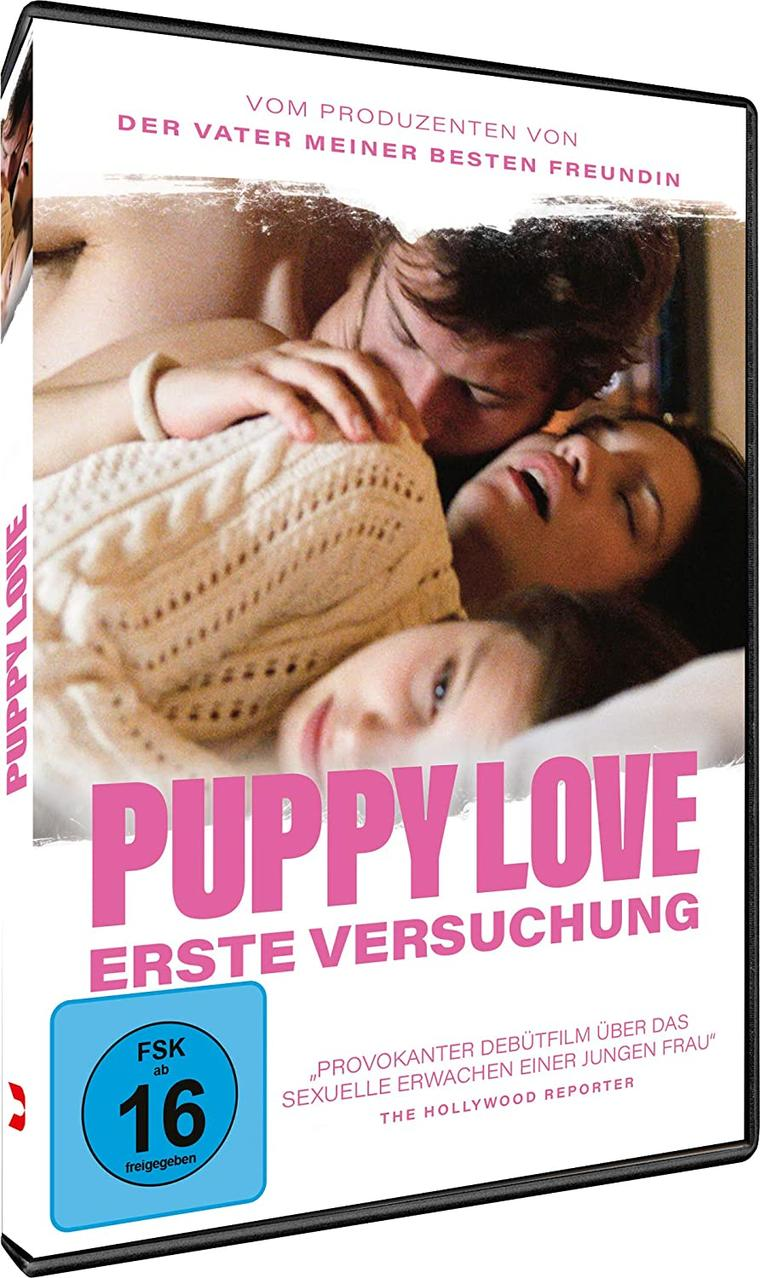 DVD-Cover des Films Puppy Love, zeigt zwei Personen im Bett. Textüberlagerung.