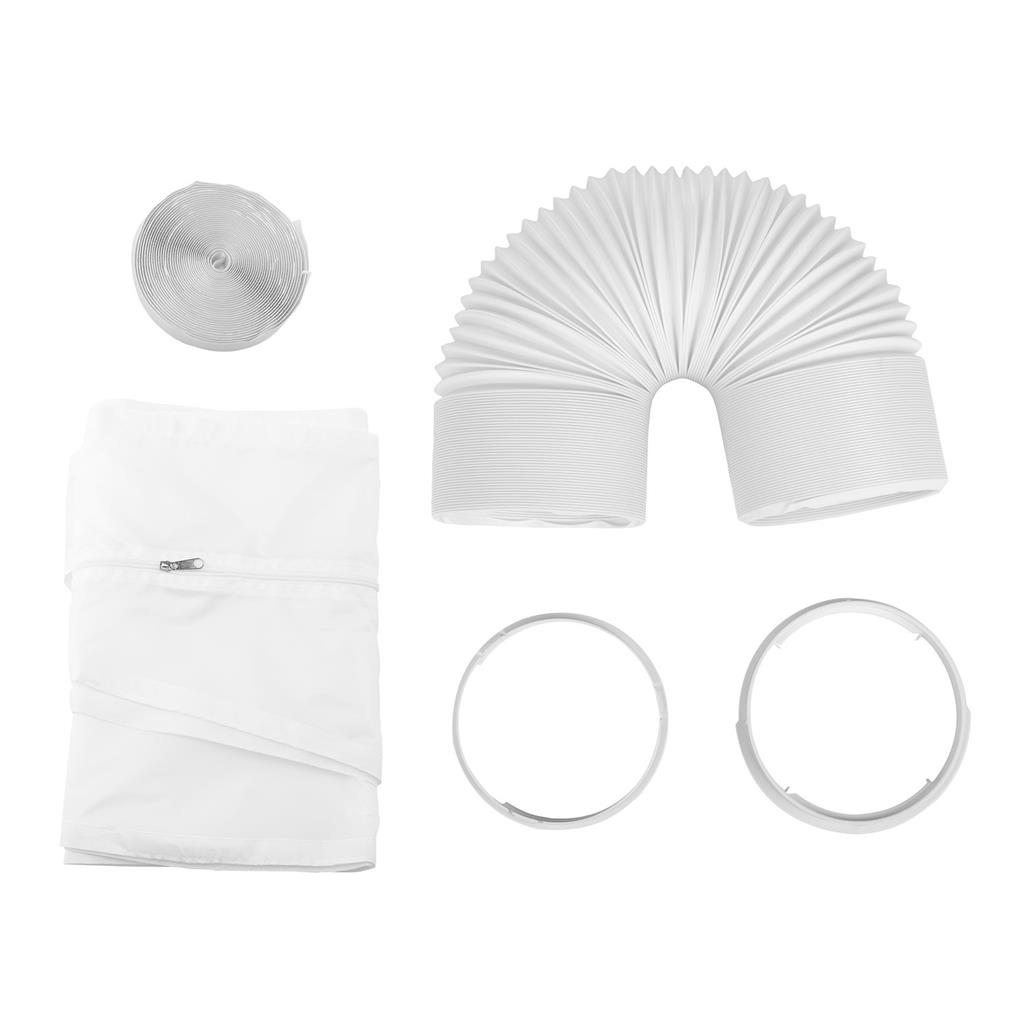 Er worden verschillende witte componenten getoond: een flexibele buis, twee ringen en een gevouwen doek. Alle items zijn wit.