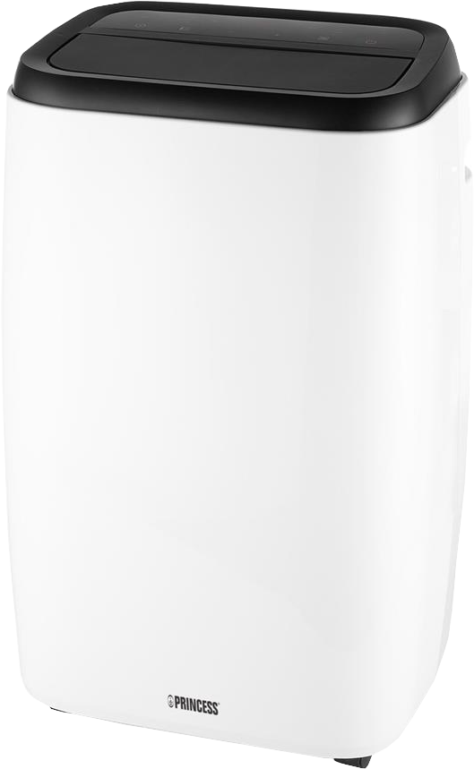 Een witte Princess airconditioner met een zwarte bovenkant.