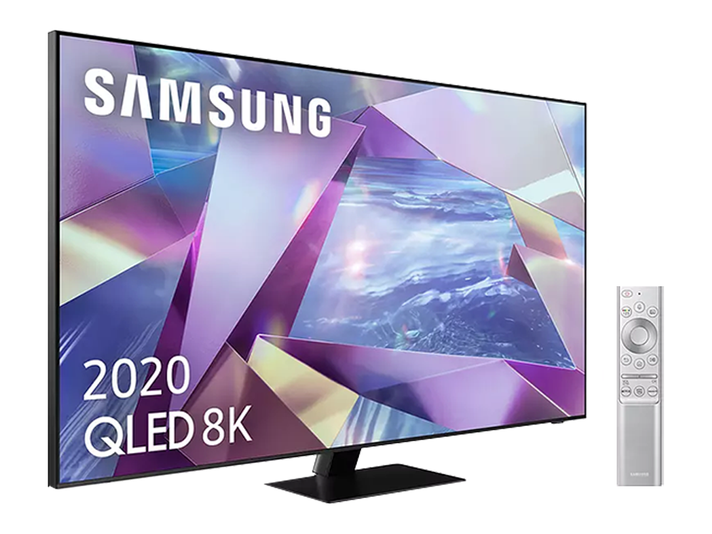 Televisor Samsung con mando a distancia plateado. Muestra una imagen estilizada.