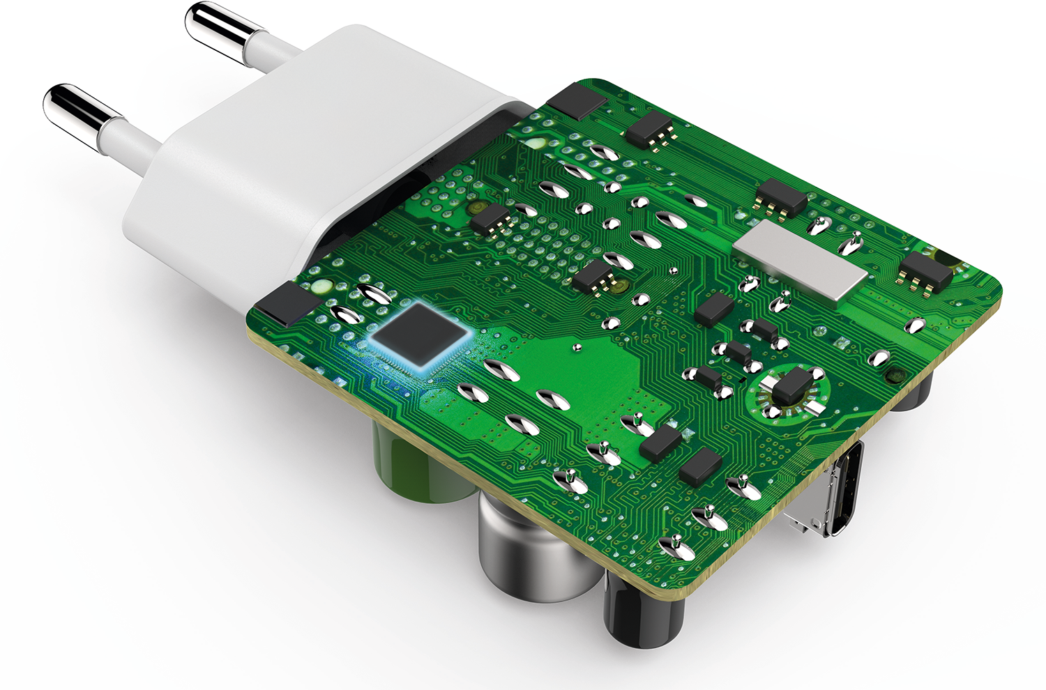 Circuit board with a charger. Features a USB-C port and electrical components.