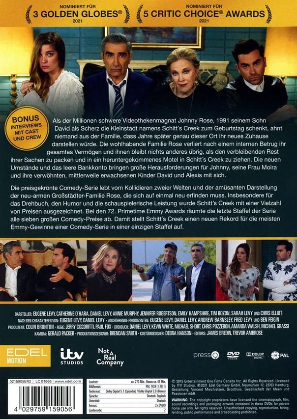 DVD-Cover für Schitt's Creek, zeigt Castfotos und Text in mehreren Sprachen.