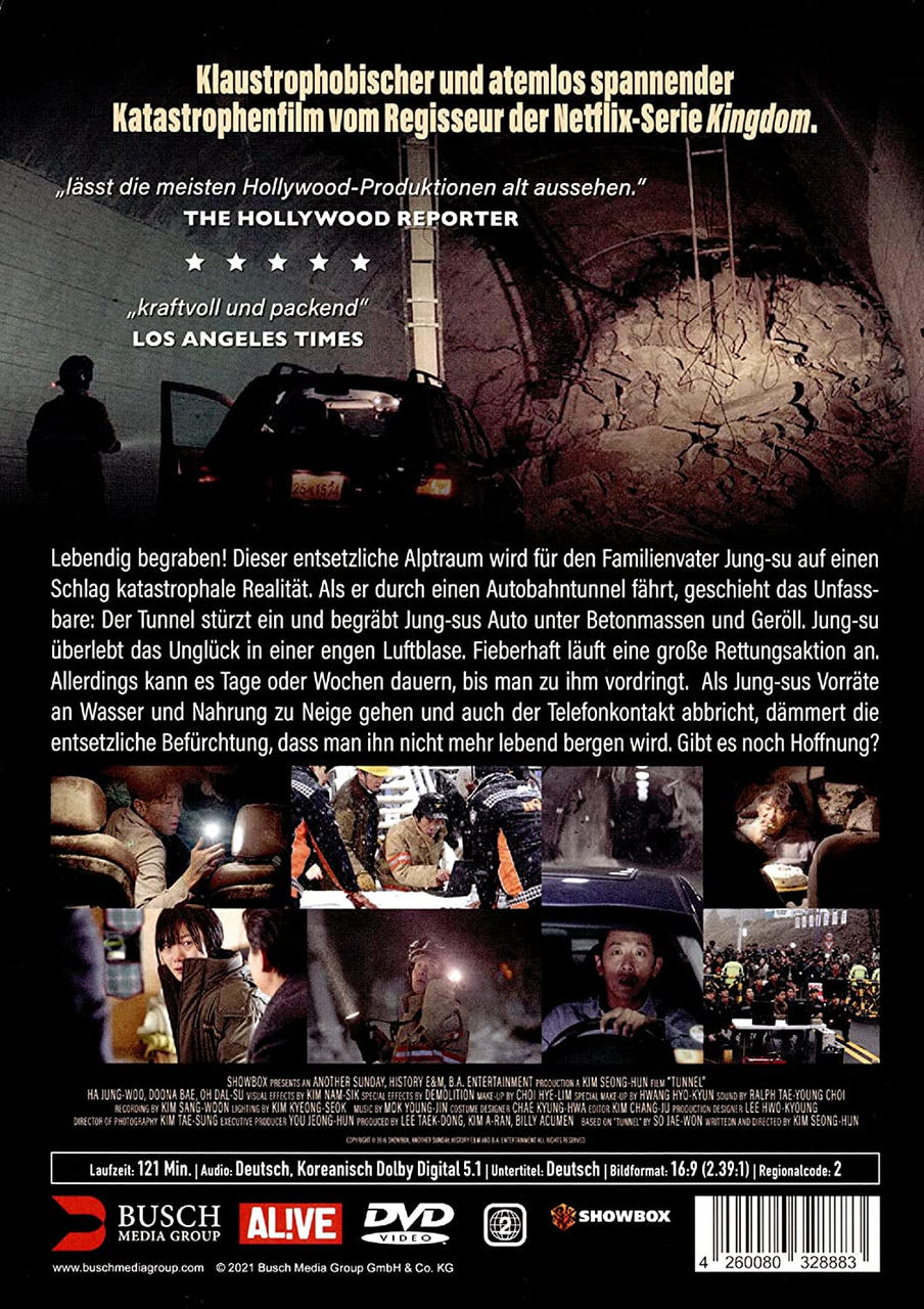 DVD-Cover für den Film "The Tunnel". Zeigt ein Auto und Menschen in der Nähe eines Tunnels.