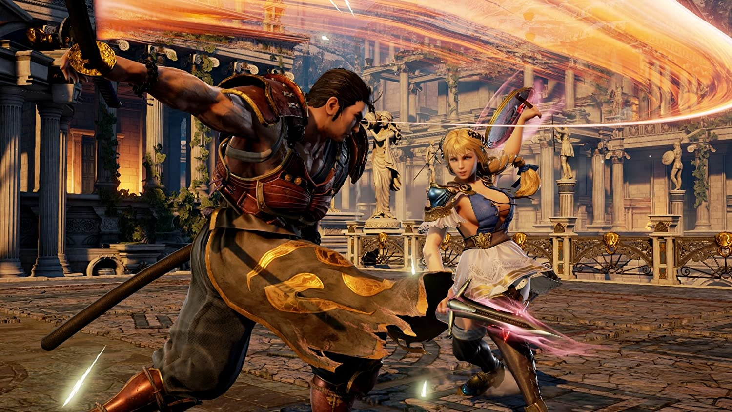 Deux personnages en posture de combat, épées à la main, dans un cadre romain.