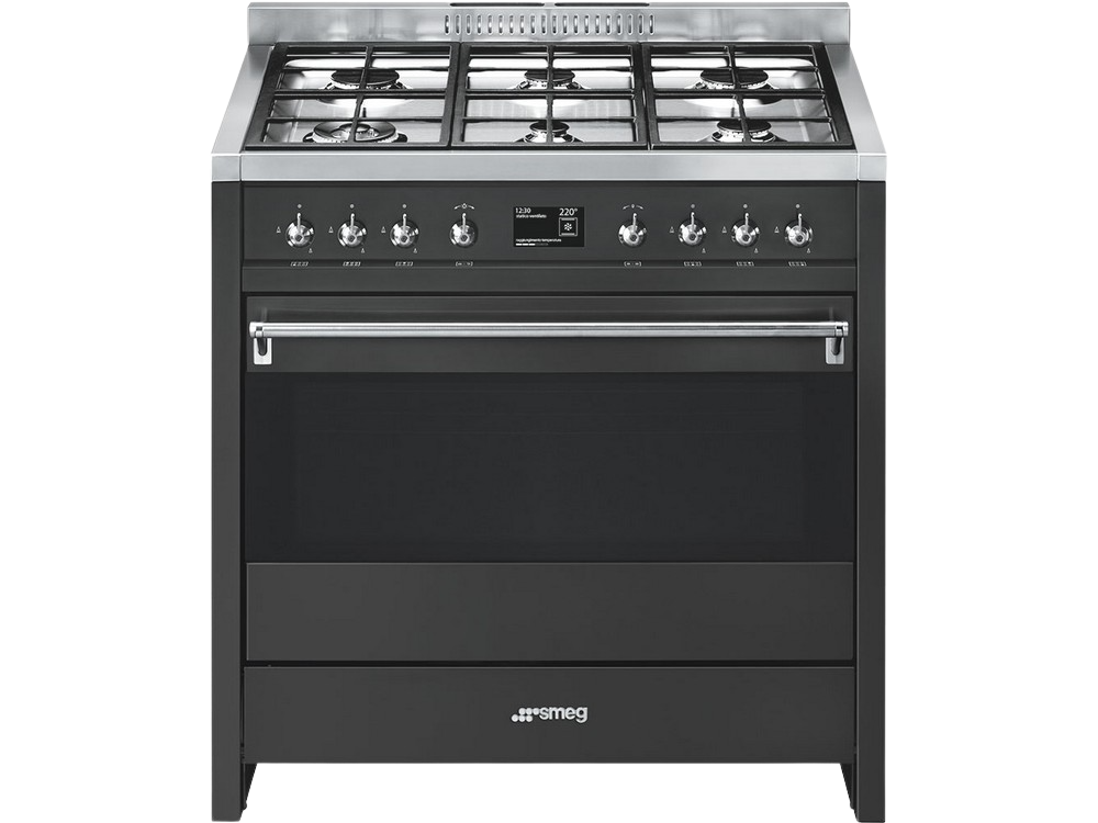 Cocina - Smeg A1A-9, 2900W, 90cm ancho, 6 zonas, Acero inoxidable + Horno, Gas natural, 115L, Antracita