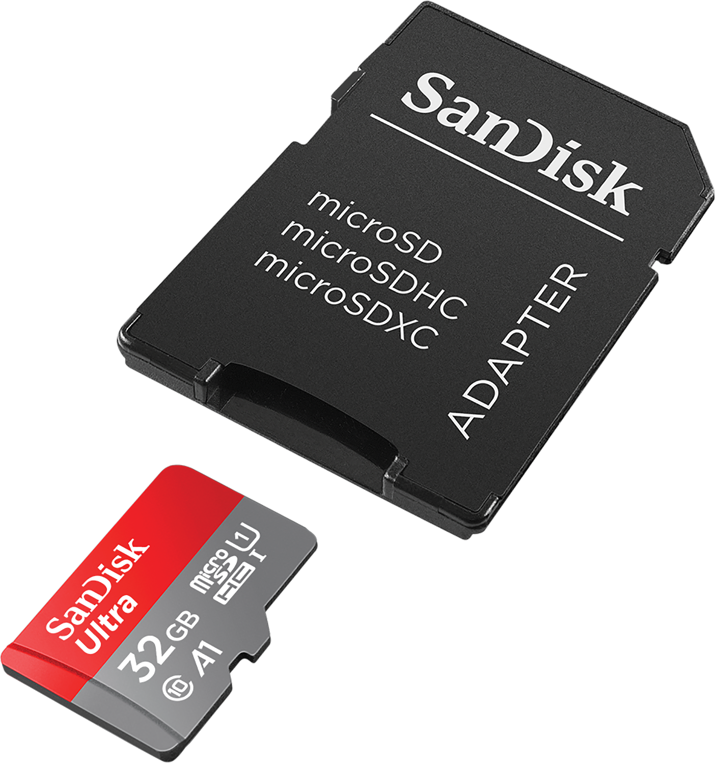 SD card and adapter, with Sandisk branding, on a black surface.