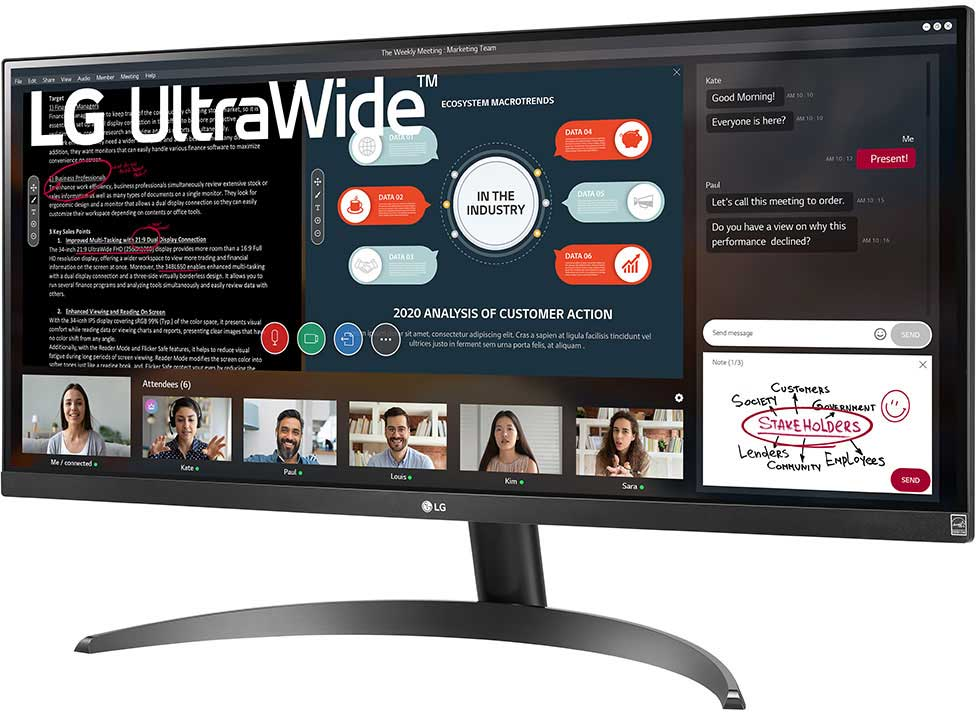 Moniteur UltraWide affichant une réunion vidéo et des graphiques de données.