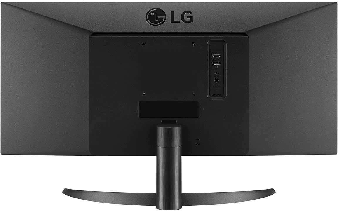 Arrière d'un moniteur d'ordinateur noir. Possède des ports HDMI et d'autres connecteurs.