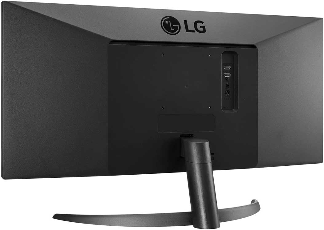 Vue arrière d'un moniteur LG noir avec ports et support, sur fond blanc.